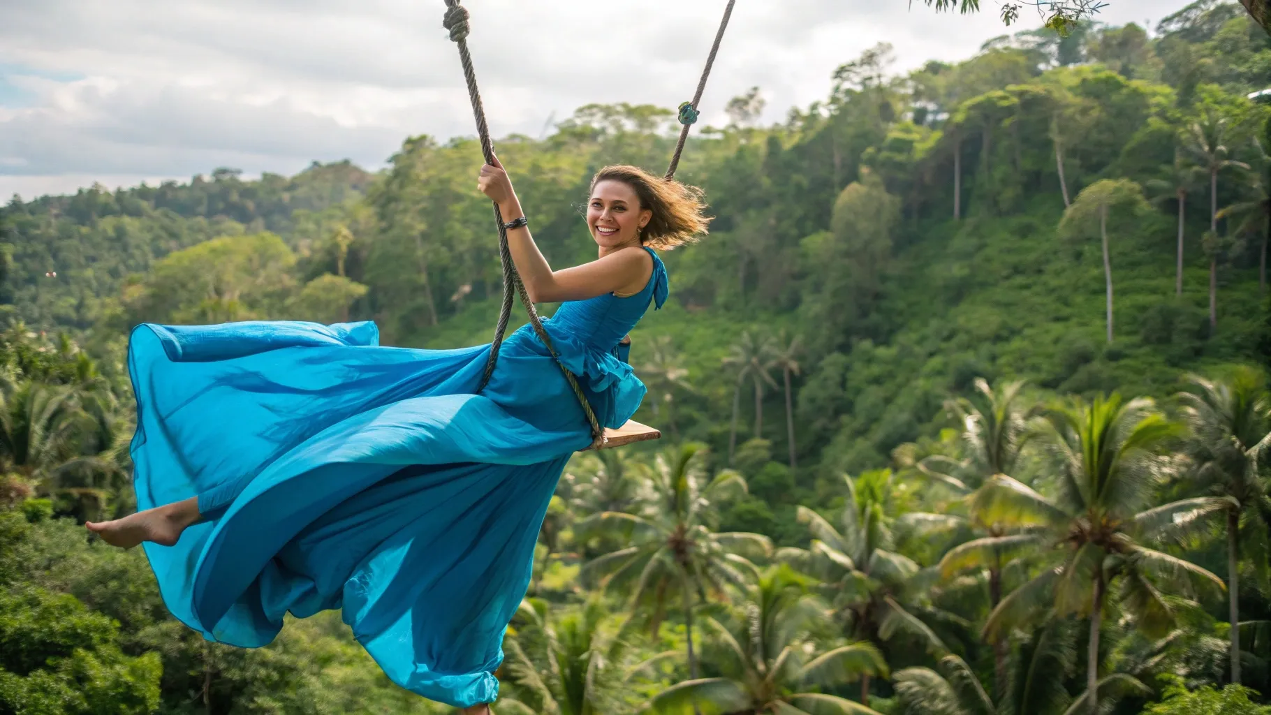 A swing arcing out over the palm canopy of a valley near Ubud