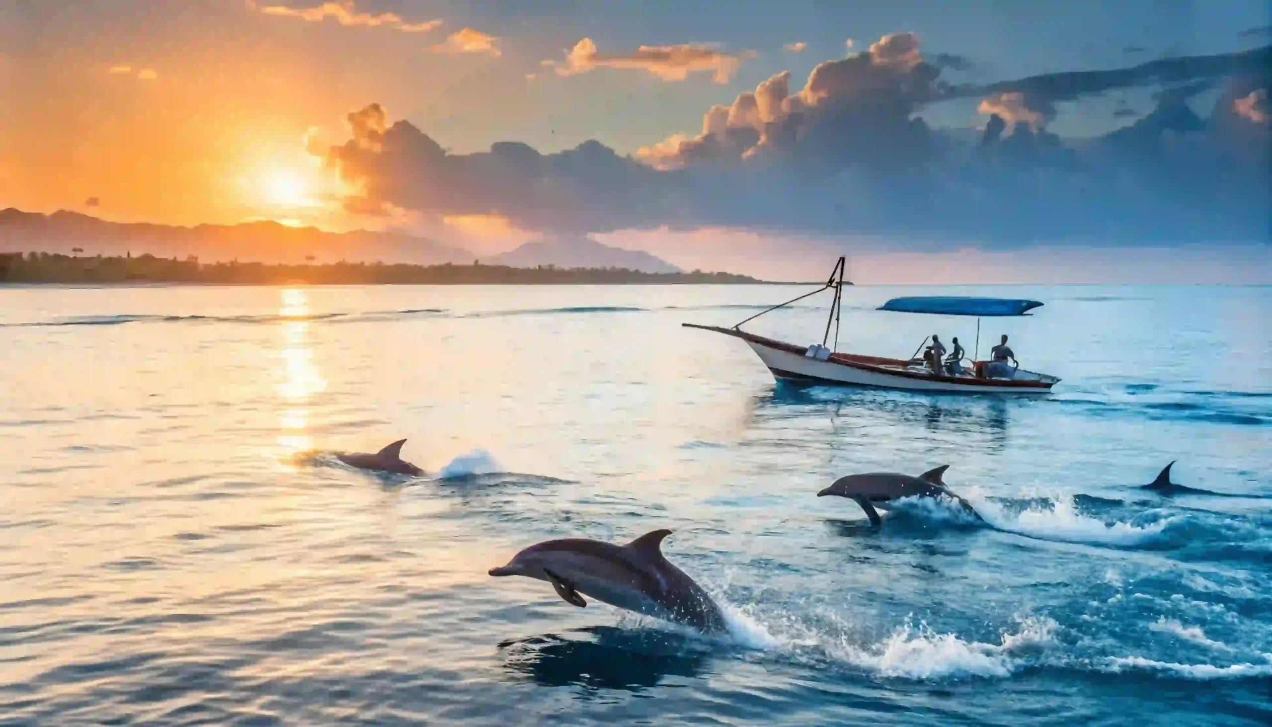 Dolphins breaking the surface at sunrise off Lovina beach in north Bali