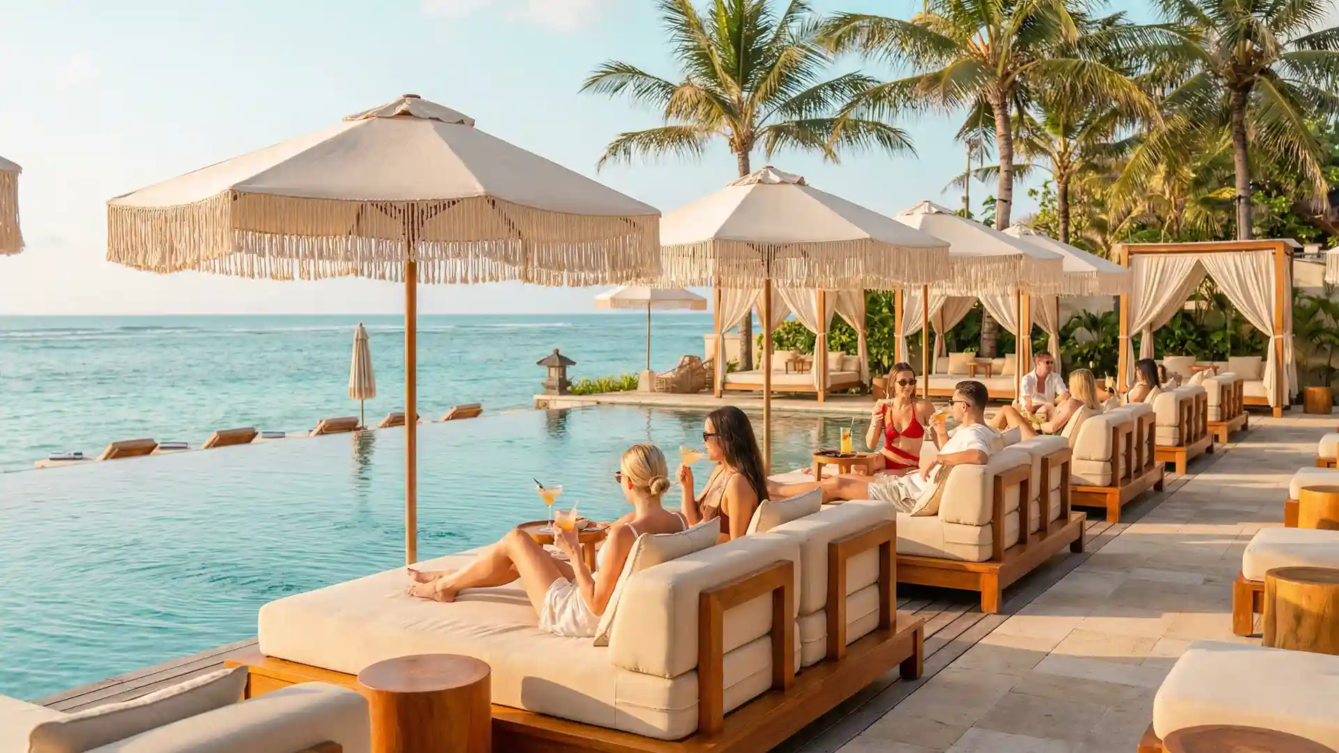 Shaded loungers and pool cabanas at a Nusa Dua beach club