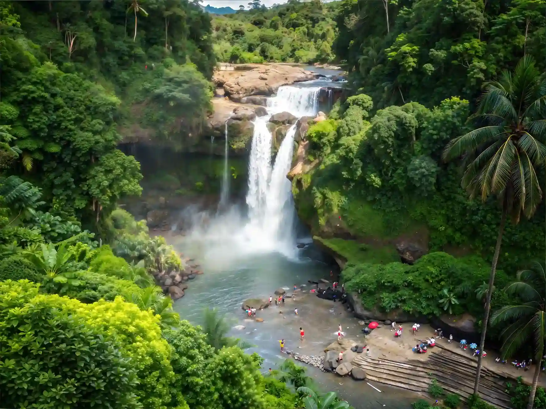 The wide curtain of Tegenungan waterfall in its river gorge near Ubud