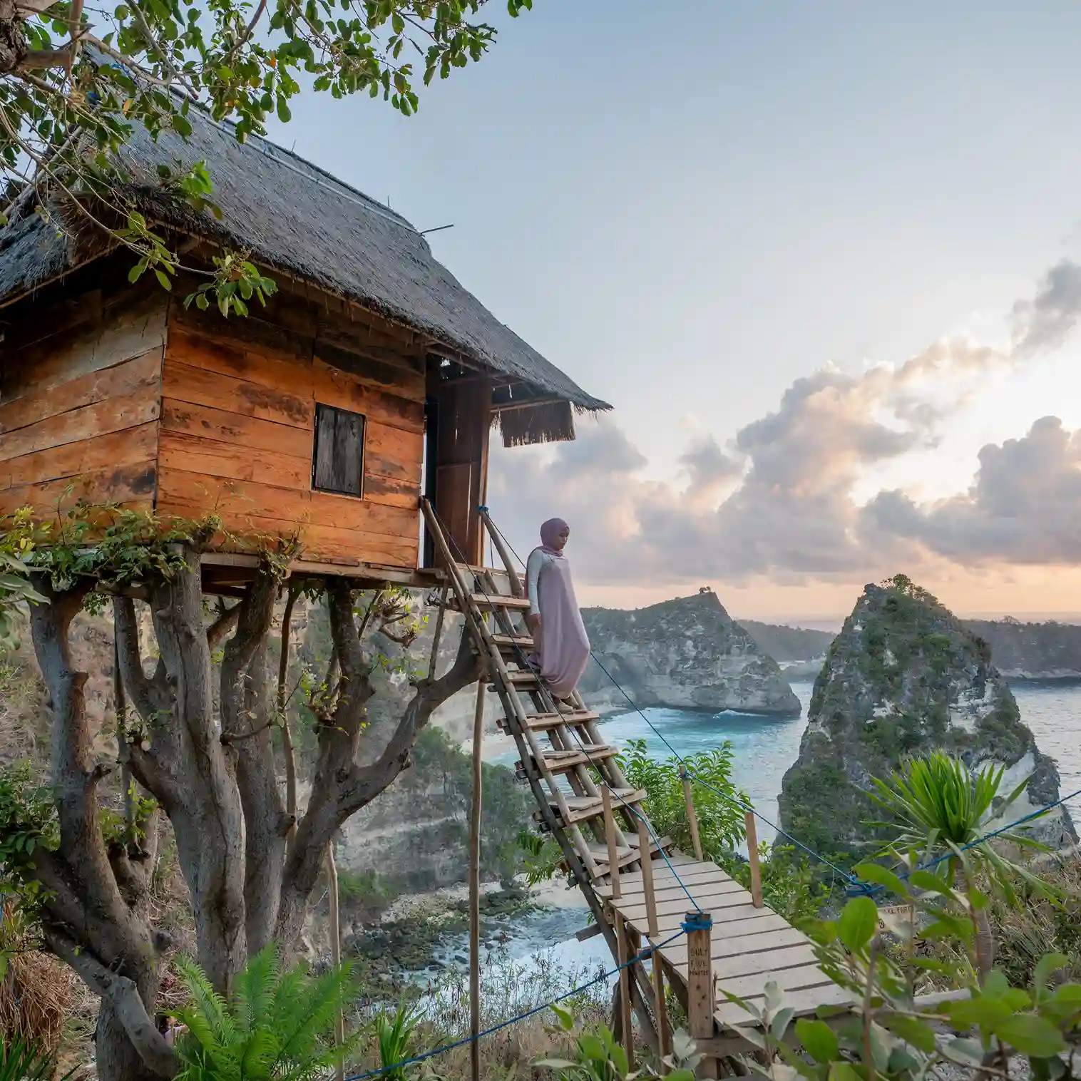 A timber tree house perched on the cliff edge at Nusa Penida