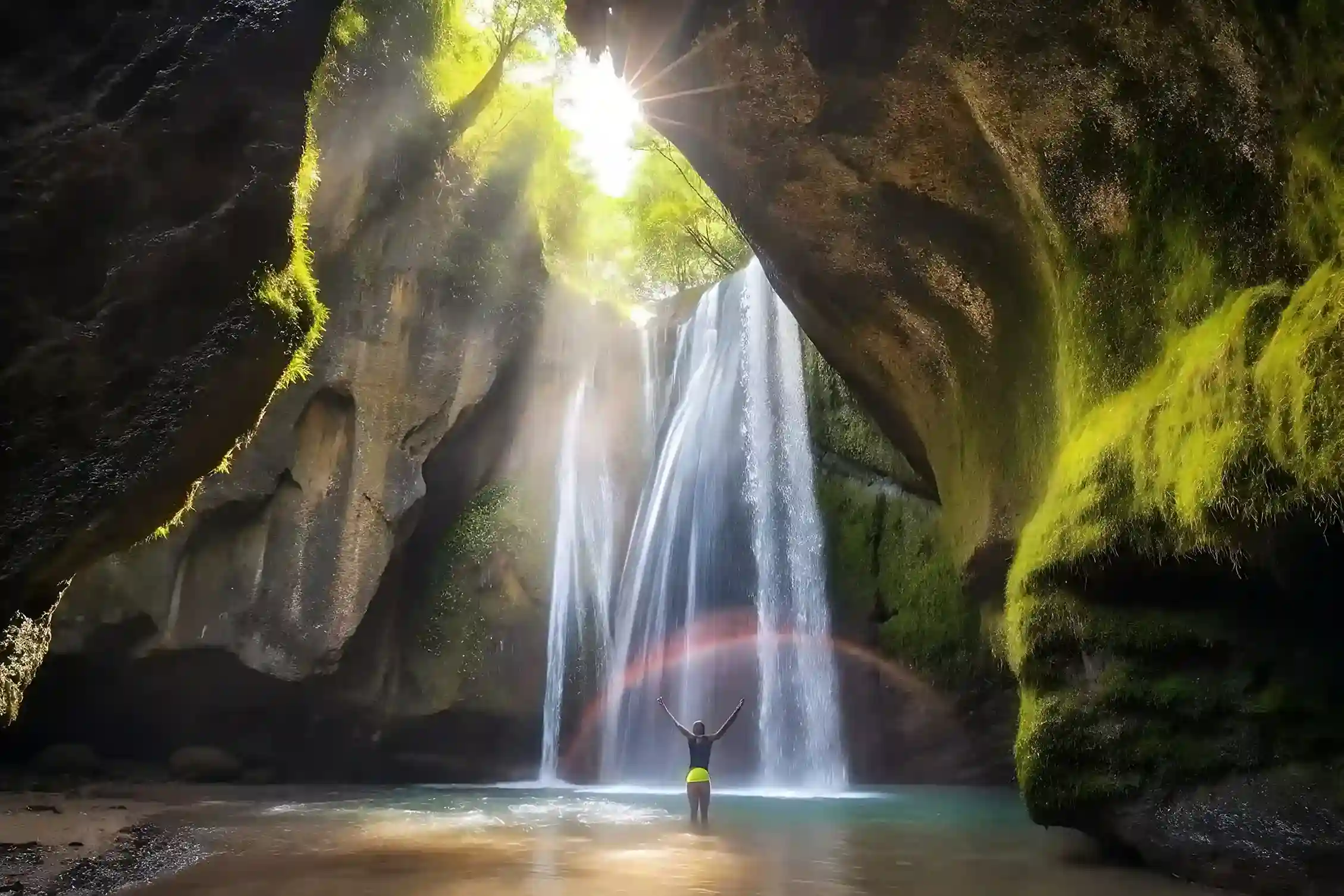 A shaft of light falling through the cave mouth onto Tukad Cepung waterfall